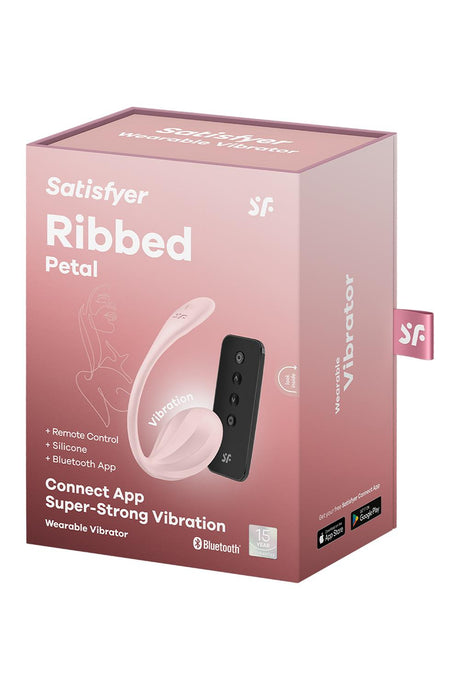 Satisfyer Ribbed Petal Wearable G-Spot Vibrator Rose packaging showcasing remote control and features.