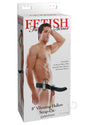 Fetish Fantasy 8 Inch Vibrating Hollow Strap-On Black packaging with model demonstrating adjustable harness and dildo features.
