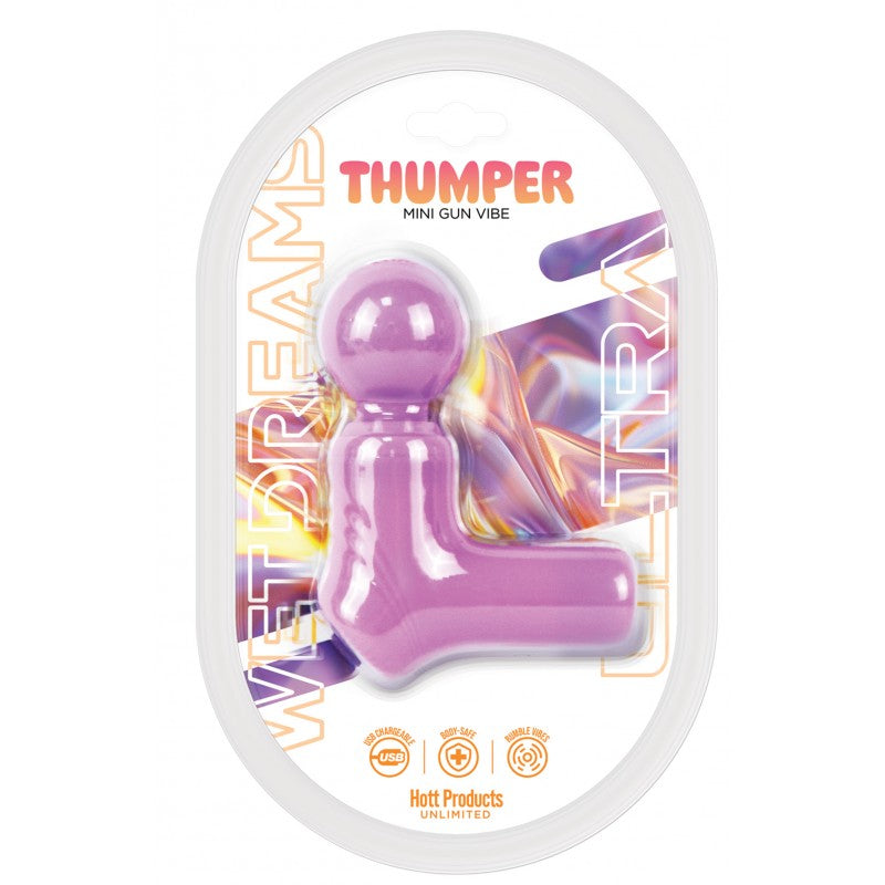 Wet Dreams Thumper Mini Gun Vibrator Lilac colorful packaging showcasing the playful design and compact size.