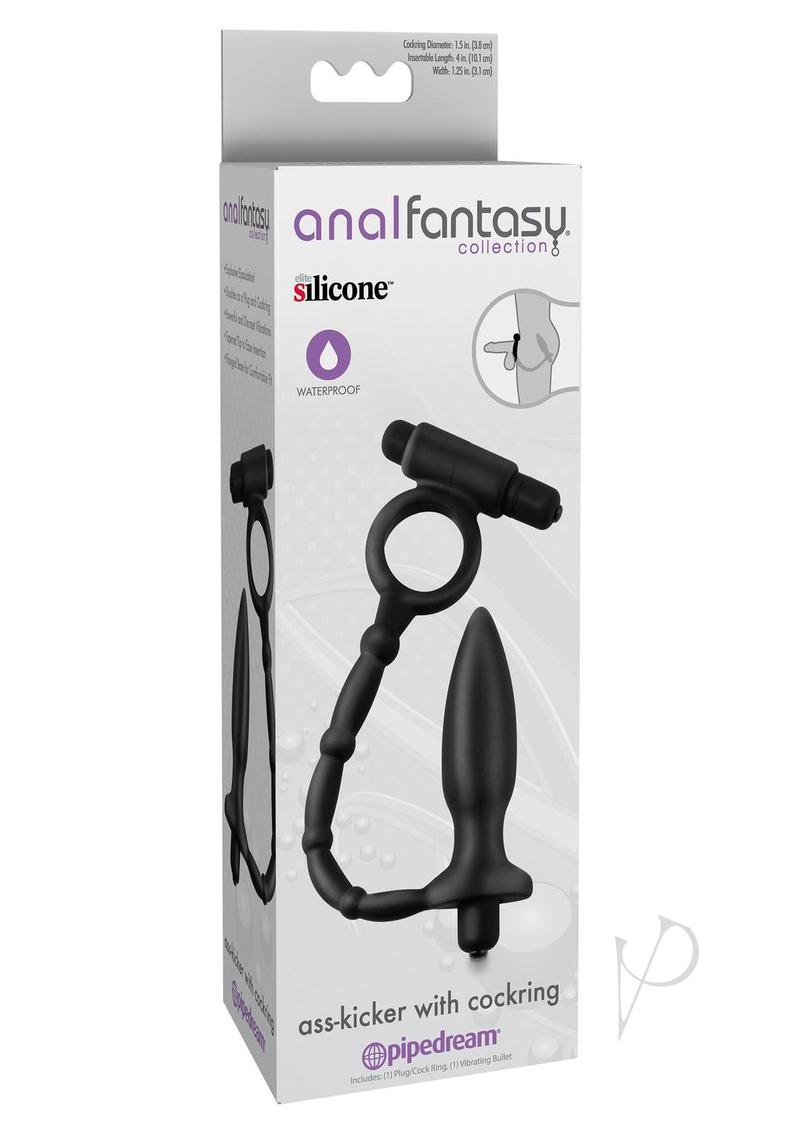 Anal Fantasy Ass Kicker Vibrating Plug with Cock Ring Black package showcasing dual-purpose toy features.