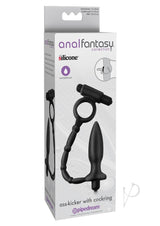 Anal Fantasy Ass Kicker Vibrating Plug with Cock Ring Black package showcasing dual-purpose toy features.