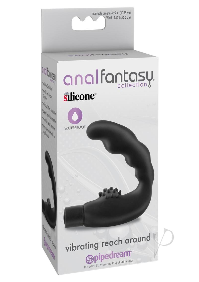 Anal Fantasy Vibrating Reach Around Prostate Massager in packaging showcasing features and design.