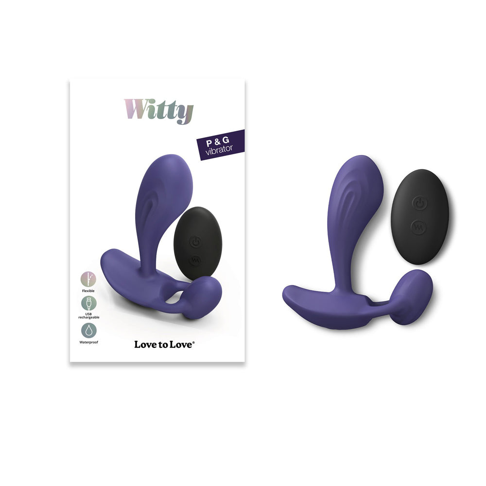 Love To Love Witty Prostate Vibrator Midnight Indigo with remote control on white background
