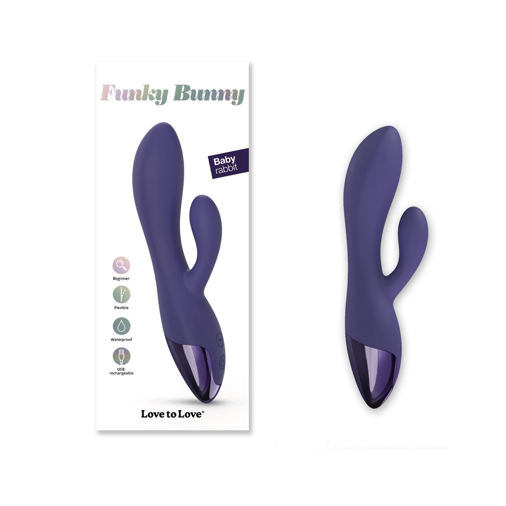 Love To Love Funky Bunny Rabbit Vibrator Midnight Indigo packaging and product display.
