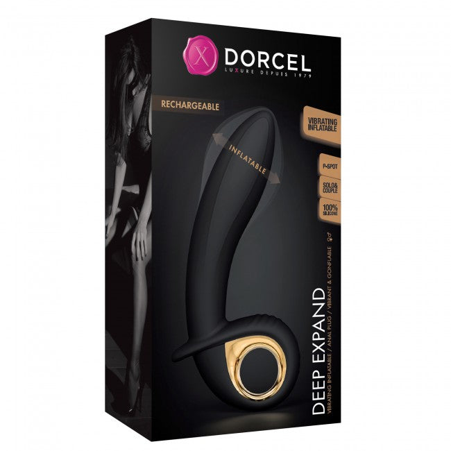 Dorcel Deep Expand Inflatable Vibrator packaging featuring a rechargeable, inflatable design for enhanced pleasure.