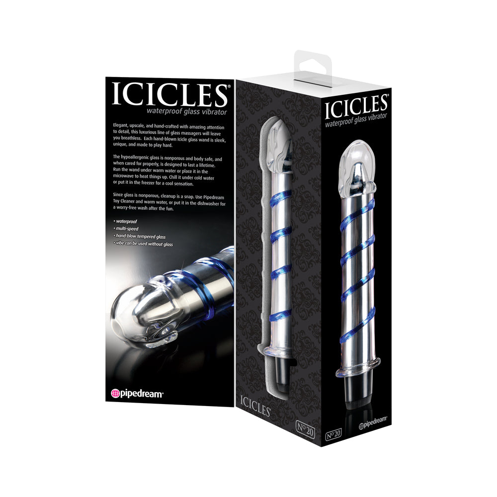 Icicles No. 20 Ribbed Vibrating 7.5 inches Glass Dildo Blue/Clear