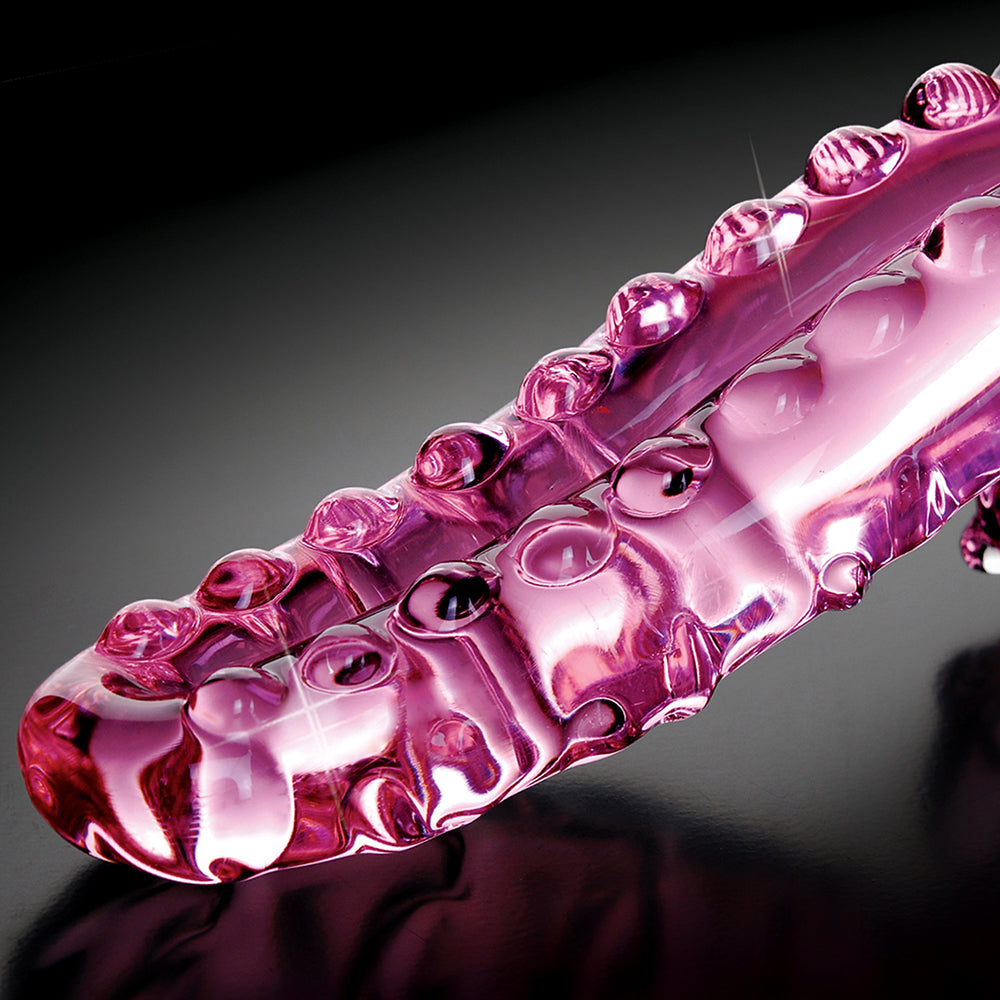 Icicles No. 24 Curved Textured 6 inches Glass Dildo With Handle Pink