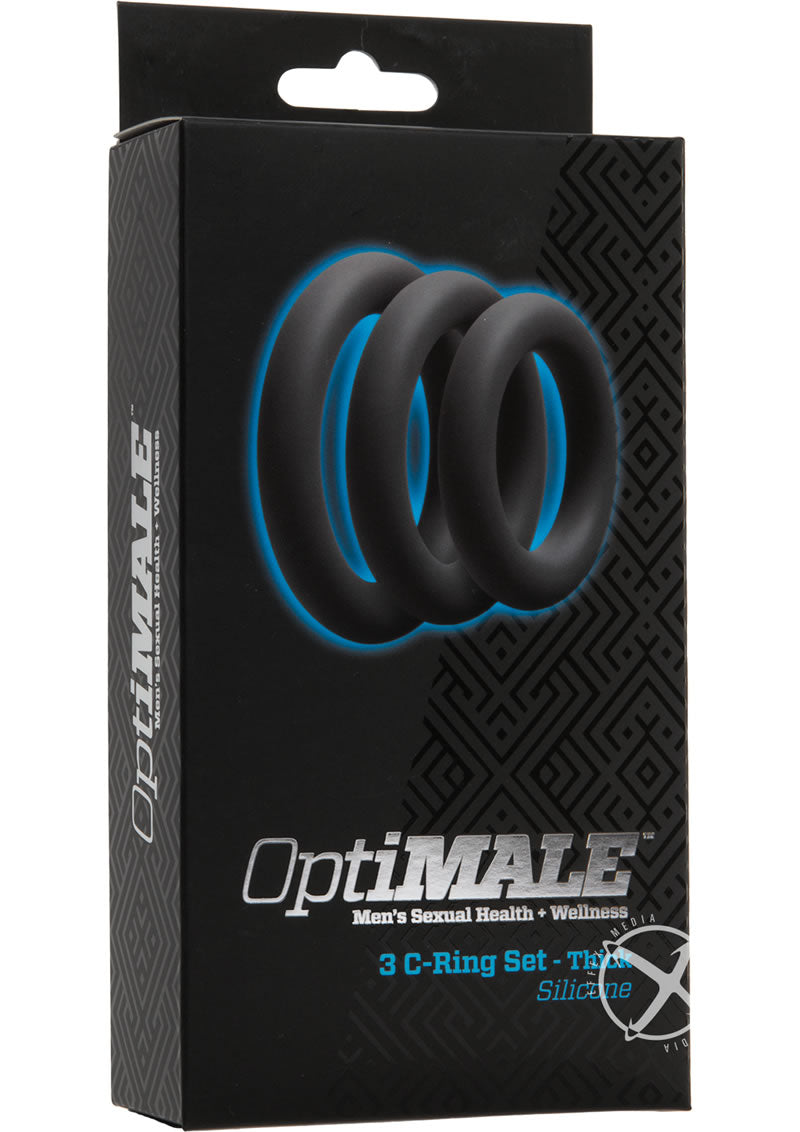 OptiMALE 3 C-Ring Set Silicone Cock Ring Thick Slate packaging featuring three silicone rings.