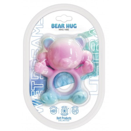 Wet Dreams Bear Hug Vibrating Cock Ring Pink packaging featuring a cute bear design and colorful silicone material.
