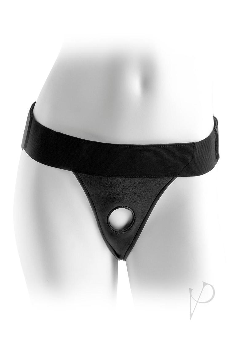 Fetish Fantasy Series Crotchless Adjustable Harness Black displayed on a mannequin, showcasing its stylish design.