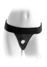 Fetish Fantasy Series Crotchless Adjustable Harness Black displayed on a mannequin, showcasing its stylish design.