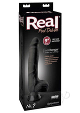 Real Feel Deluxe No 7 Wallbanger Vibrating Dildo Black packaging showcasing lifelike details and suction cup technology.