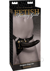 Fetish Fantasy Gold Designer Strap-On 7 inch Black Gold packaging showing a strap-on with a stylish design.