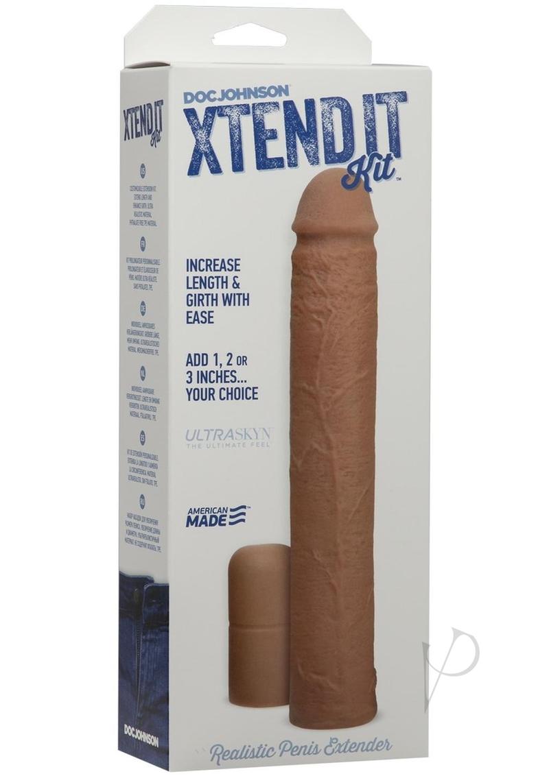 Xtend It Penis Extender Kit Caramel packaging showcasing realistic penis extender with length and girth options.