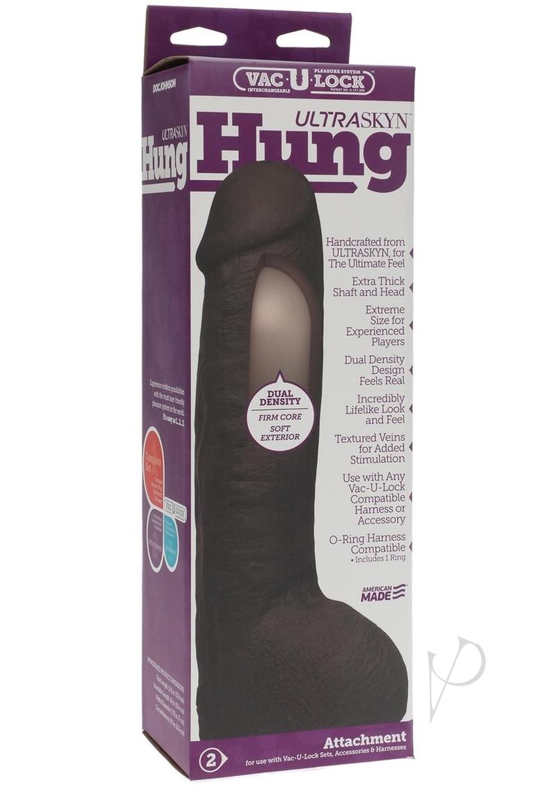 Vac-U-Lock Ultraskyn Hung Dildo Black packaging showcasing its lifelike design and dual-density features.