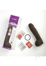 Vac-U-Lock Ultraskyn Hung Dildo Black with packaging and accessories laid out on a white background.