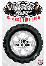 Mack Tuff X Large Tire Silicone Cock Ring Black packaging featuring a rubber tire design and 100% silicone text.