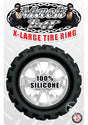Mack Tuff X Large Tire Silicone Cock Ring Black packaging featuring a rubber tire design and 100% silicone text.