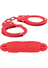 Sinful Metal Cuffs with Keys and Love Rope Red featuring bold red handcuffs and soft rope for power play.