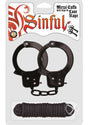 Sinful Metal Cuffs with Keys and Love Rope Black set featuring metal handcuffs and soft binding rope.