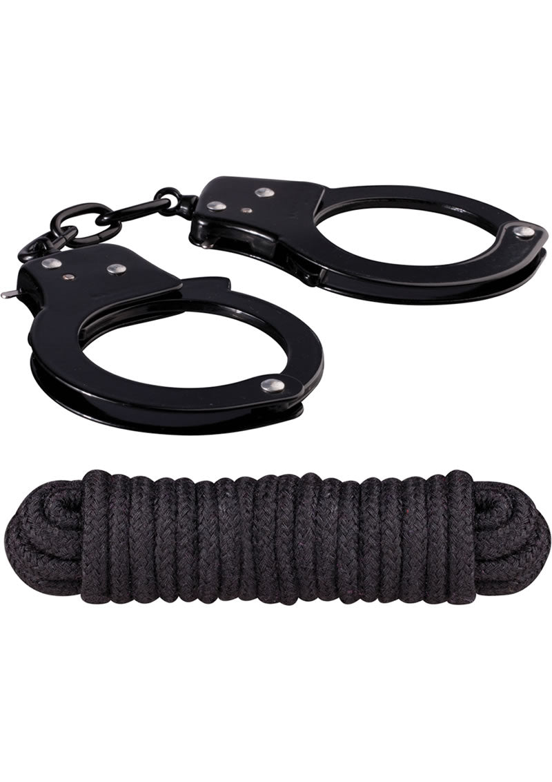 Sinful Metal Cuffs with Keys and Love Rope Black set featuring sturdy metal cuffs and soft binding rope.