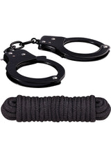 Sinful Metal Cuffs with Keys and Love Rope Black set featuring sturdy metal cuffs and soft binding rope.