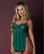 Magic Silk Baby Doll & Panty Set Emeral M featuring emerald green lace and sheer mesh, accentuated with scalloped lace trim.