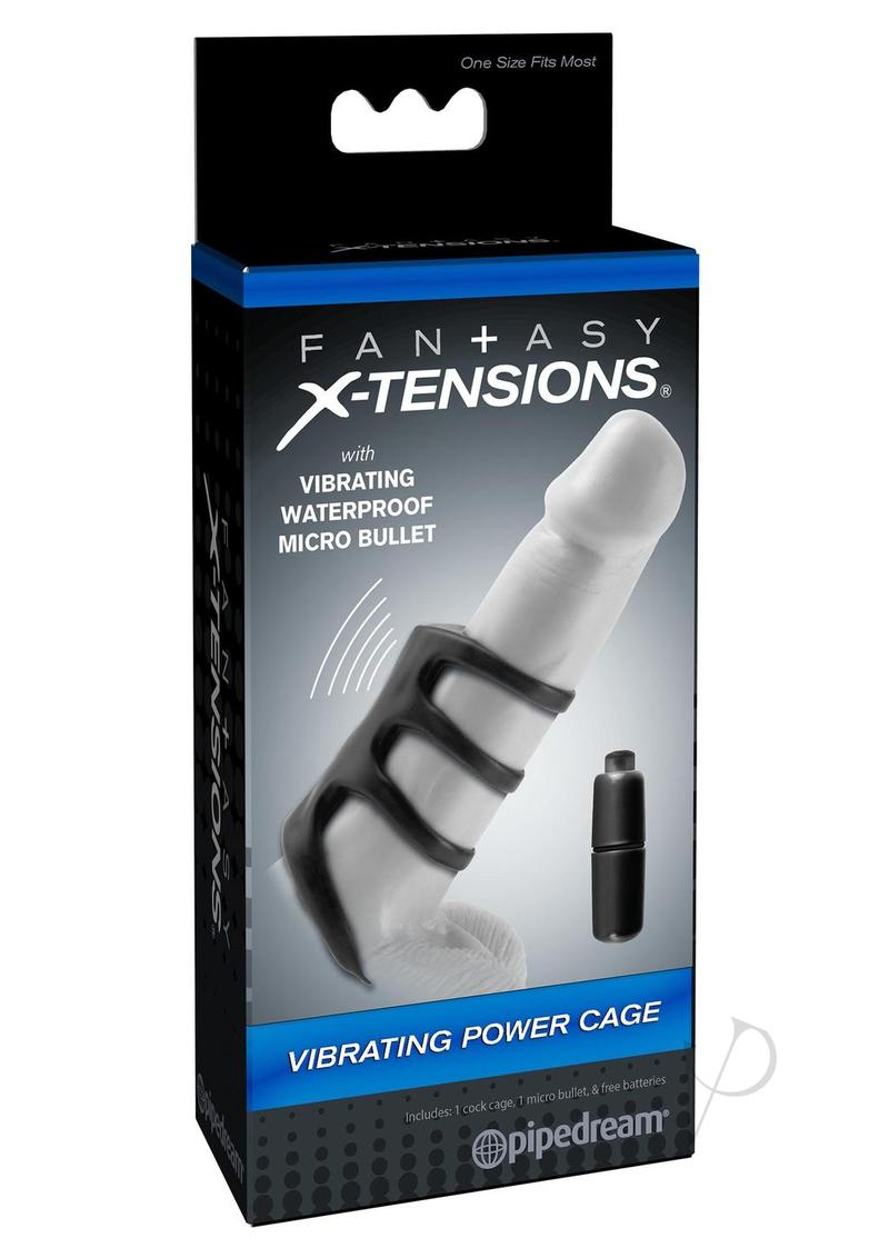 Fantasy X-Tensions Vibrating Power Cage 3.5 inch Black packaging with cock cage and micro bullet details.