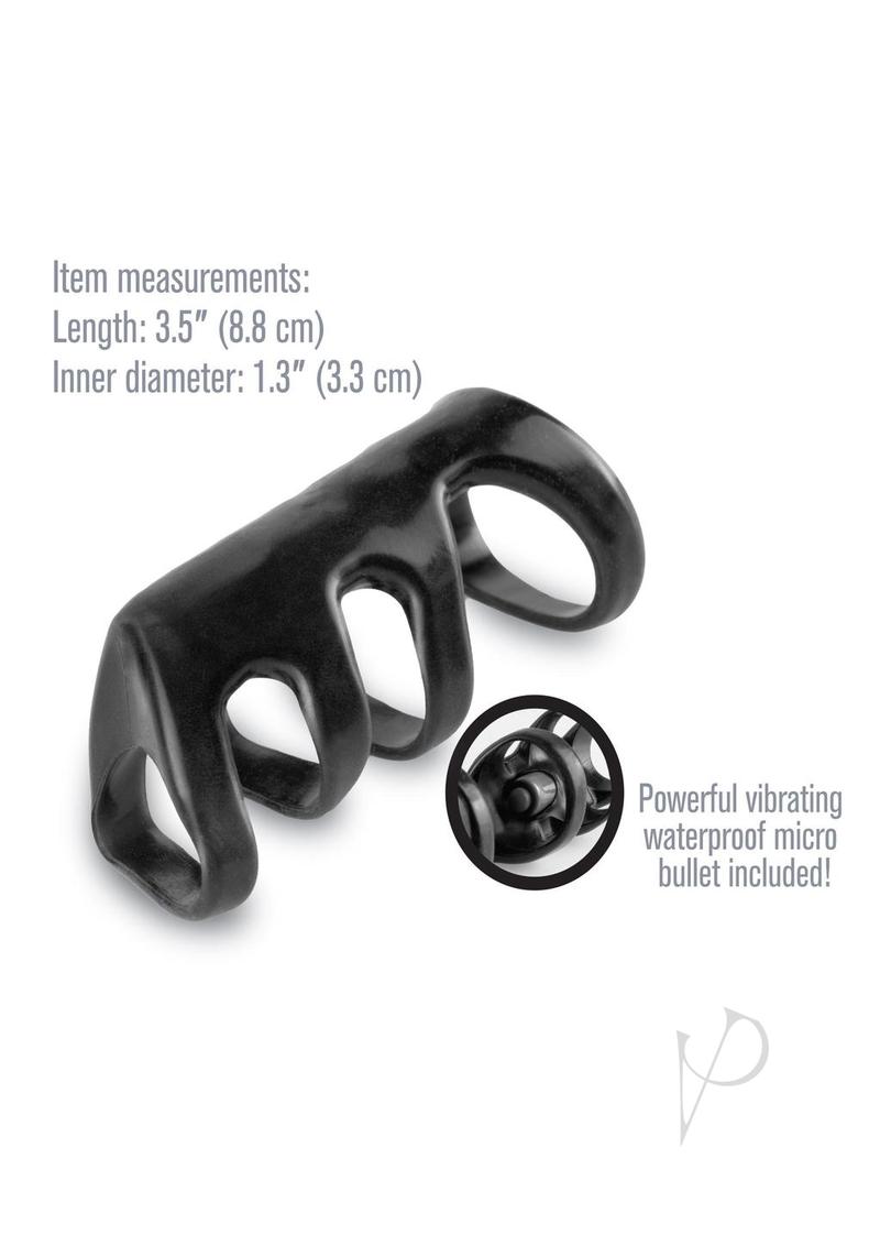 Fantasy X-Tensions Vibrating Power Cage 3.5 inch Black with measurements and waterproof micro bullet included.
