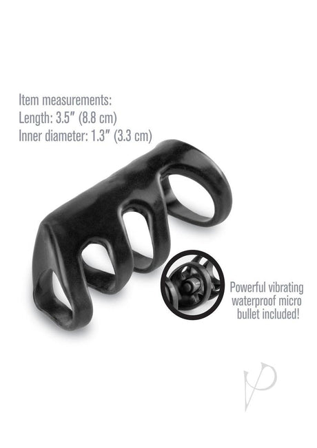 Fantasy X-Tensions Vibrating Power Cage 3.5 inch Black with measurements and waterproof micro bullet included.