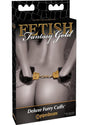 Fetish Fantasy Gold Deluxe Furry Cuffs in elegant packaging showcasing luxurious cuffs with plush faux fur.