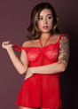 Model wears Magic Silk Sugar High Red Babydoll & Thong Set L XL showcasing sheer mesh and lace details.