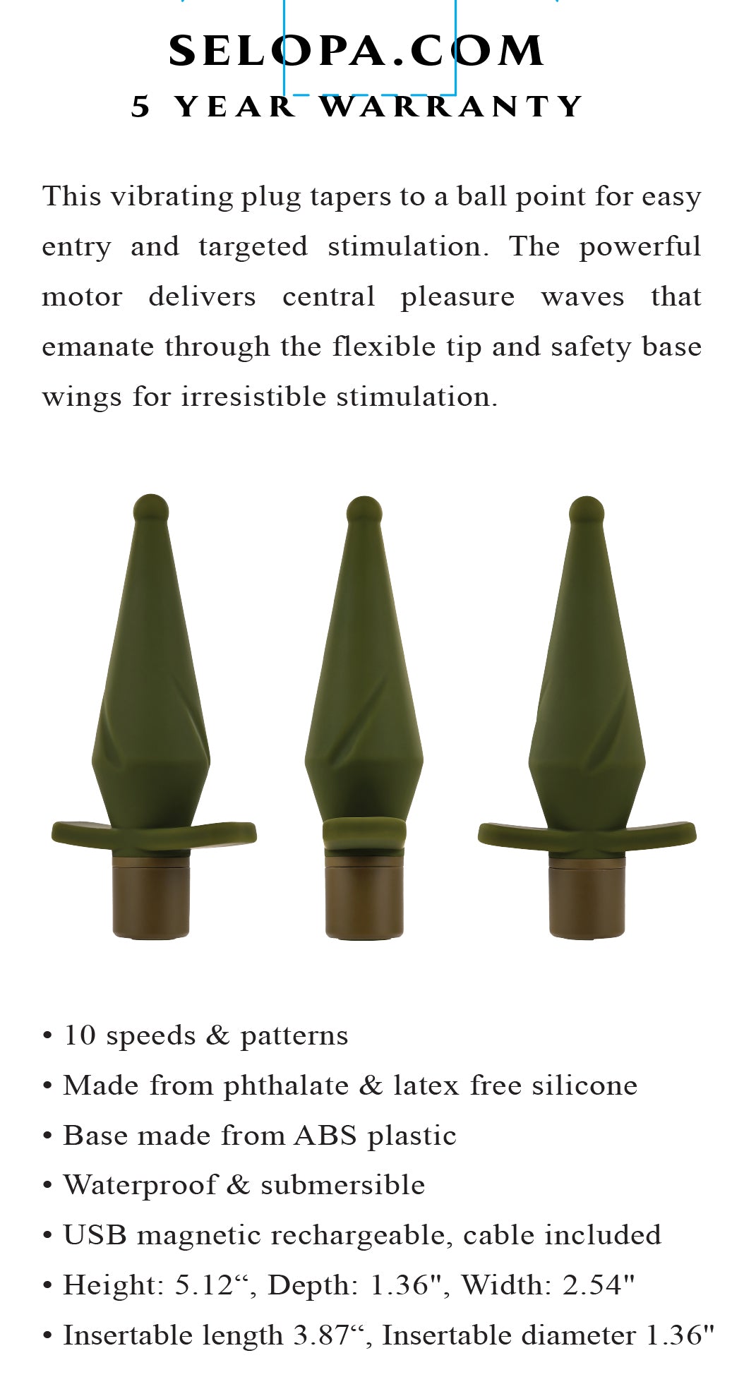 Selopa The Private Vibrating Silicone Anal Plug Green showcasing tapered design for targeted stimulation and pleasure.