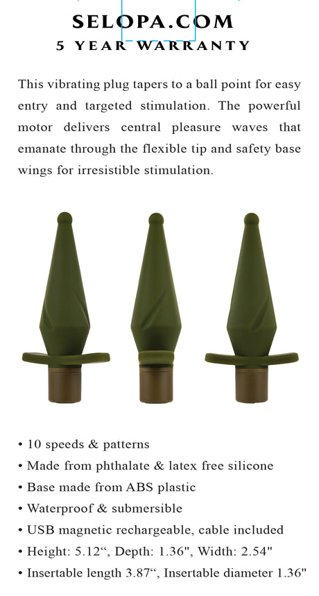 Selopa The Private Vibrating Silicone Anal Plug Green showcasing tapered design for targeted stimulation and pleasure.