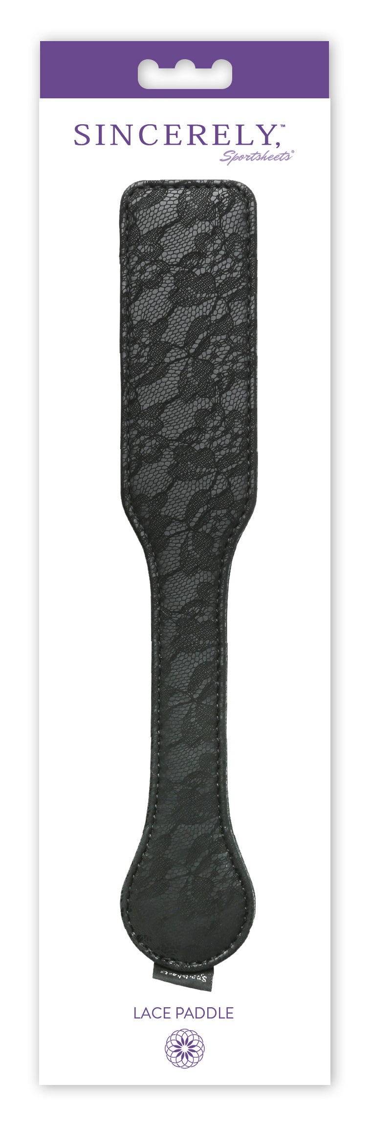 Sportsheets Sincerely Lace Paddle 12 Inch Black in packaging, showcasing its elegant lace design for playful impact play.