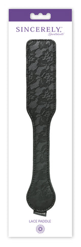 Sportsheets Sincerely Lace Paddle 12 Inch Black in packaging, showcasing its elegant lace design for playful impact play.