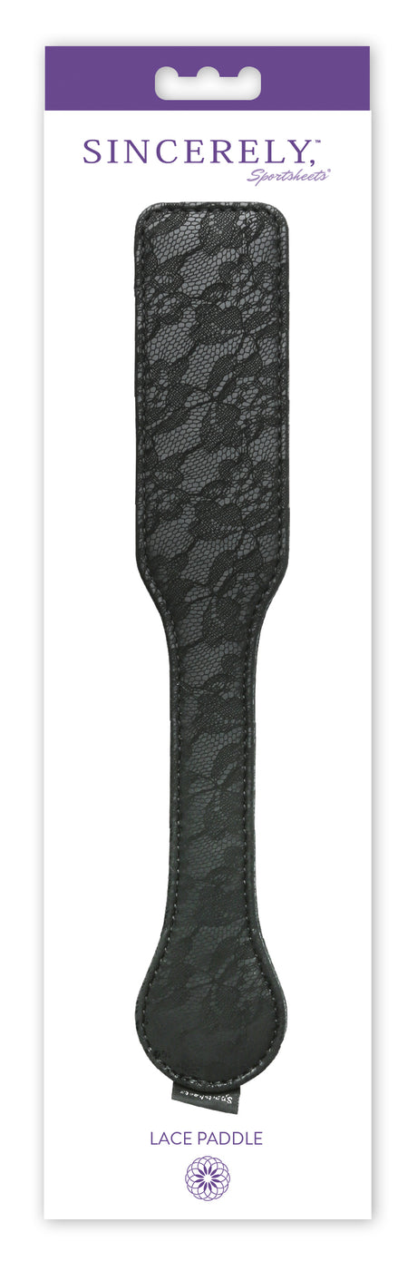 Sportsheets Sincerely Lace Paddle 12 Inch Black in packaging, showcasing its elegant lace design for playful impact play.