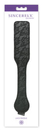 Sportsheets Sincerely Lace Paddle 12 Inch Black in packaging, showcasing its elegant lace design for playful impact play.