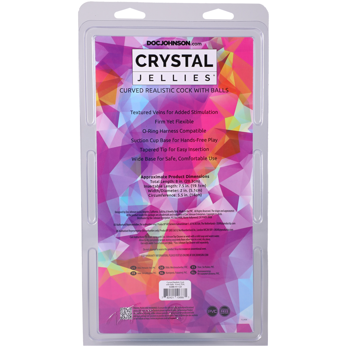 Crystal Jellies Curved Realistic Cock With Balls 8 Inch Teal packaging with features and dimensions.