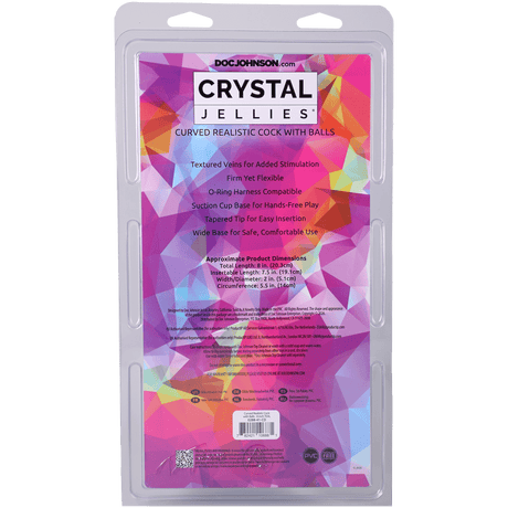 Crystal Jellies Curved Realistic Cock With Balls 8 Inch Teal packaging with features and dimensions.