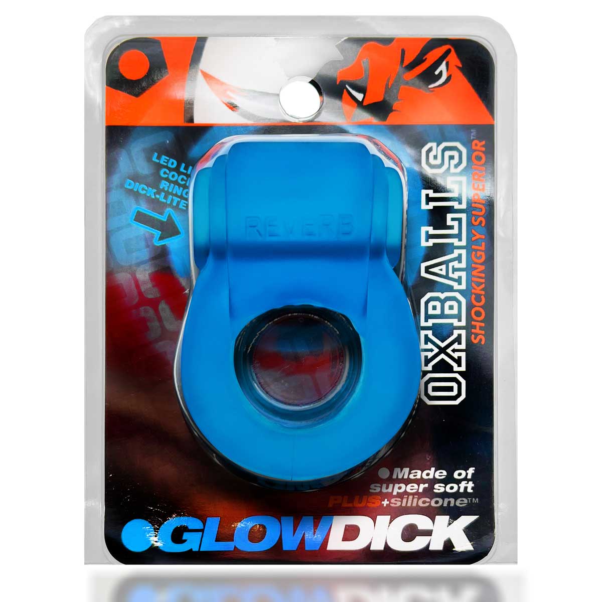 Oxballs Glowdick LED Cockring Blue Ice in packaging, showcasing bright blue color and ergonomic design.
