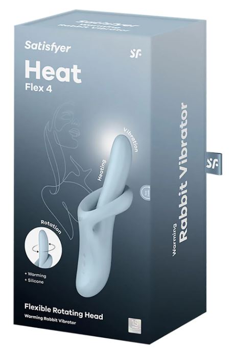 Satisfyer Heat Flex 4 Warming Rabbit Vibrator Blue packaging showcasing heating, vibration, and flexible rotating head.
