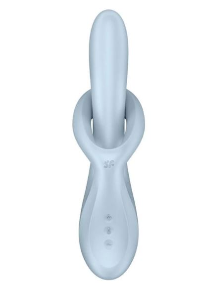 Satisfyer Heat Flex 4 Warming Rabbit Vibrator Blue shown from above, highlighting its sleek design and dual-stimulation features.