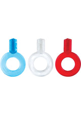 Screaming O Go Vibe Ring Disposable Cock Ring in blue, clear, and red colors for enhanced pleasure.