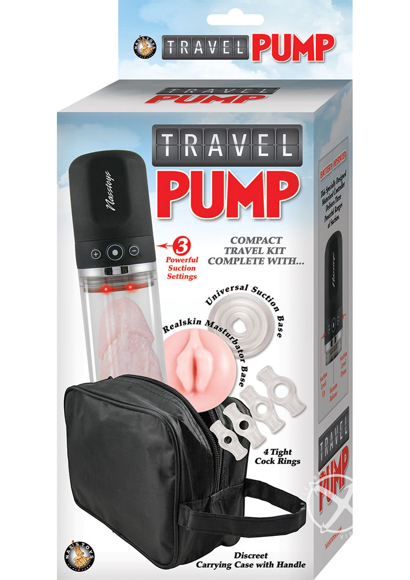 Nasstoys Travel Pump Compact Penis Pump Kit packaging with suction pump, cock rings, and travel case.