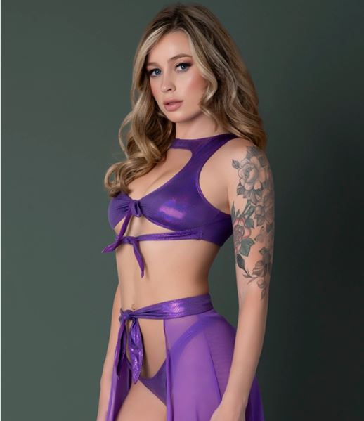 Glimmer Crop Top Skirt Tanga Metallic Purple L XL showcasing a model in a striking purple dancewear set.