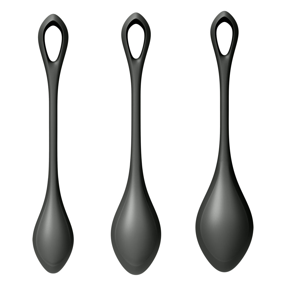 Satisfyer Yoni Power 2 Kegel Ball Set Black three different sizes and weights for pelvic floor training.
