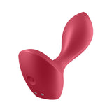 Satisfyer Backdoor Lover Vibrating Anal Plug Red in smooth silicone with tapered shape and control button.