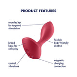 Product features of Satisfyer Backdoor Lover Vibrating Anal Plug Red highlighting its design and materials.