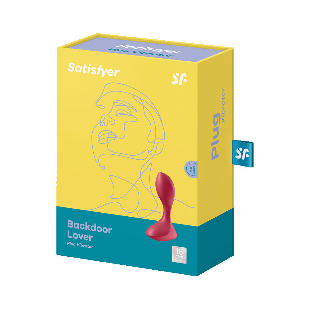 Satisfyer Backdoor Lover Vibrating Anal Plug Red packaging showcasing the product and brand details.